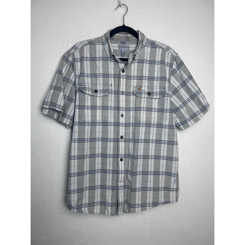 Carhartt Original Fit Men's Short Sleeve Button Up Gray Blue Plaid Shirt Size M